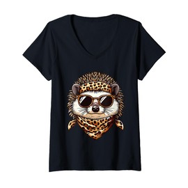 Womens Hedgehog Wearing Leopard Scarf Animal Wearing Sunglasses V-Neck T-Shirt