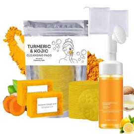 Set De Tres Piezas Para El Cuidado Facial Con Cúrcuma Limpiador Facial Con Cepillo, Discos Exfoliantes De Cúrcuma, Pastilla De Jabón De Cúrcuma, Red  