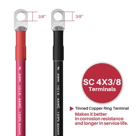 4AWG Battery Cable with 3/8" Terminals, 4 Gauge Pure Copper Inverter & Welding Wire with 3/8 inch Lugs Both Ends, Power Inverter Wire Set for Automotive, Solar, Marine, RV(Red + Black, Each 2FT)