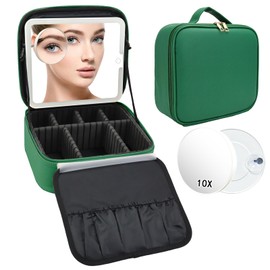 SLUMAZI Travel Makeup Bag with LED Mirror and 10x magnifying glass with 3 Lighted Settings, Adjustable Dividers and Makeup Brush Storage Bag Dark Green