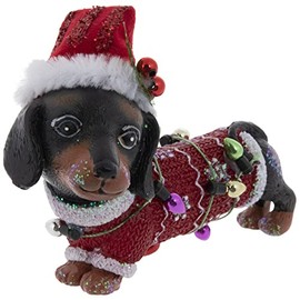 Dachshund Christmas Tree Ornament with Red Fabric Santa Hat & Plastic String Lights Xmas Gift Idea Dog Ornaments Keepsake Tiered Tray Decor