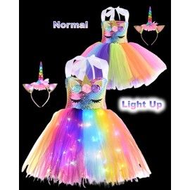 Girls Rainbow Unicorn Glowing Costume with Headband Wings, LED Light Up Unicorn Princess Tutu Dress for Girls
