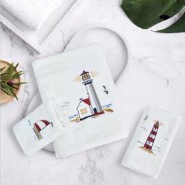 LIlianna Starfish and Seashell 3 Piece Towel Set 100% Cotton | Summer Beach Ocean Towels | Supersoft, Highly Absorbent & Quick Dry (White, Lighthouse)