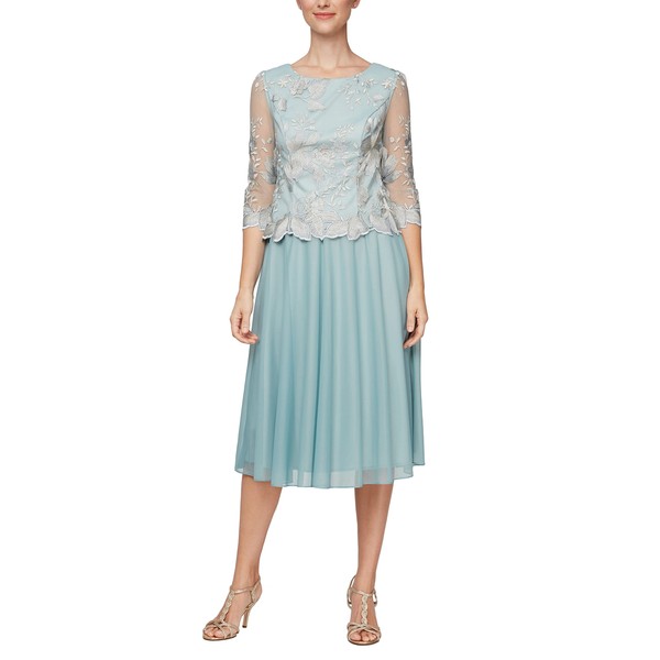 Alex Evenings Women's Tea Length Embroidered Bodice Mock Dress (Reg