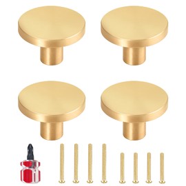 4 Pack Brushed Brass Solid Knobs Gold Kitchen Cabinet Pull Round