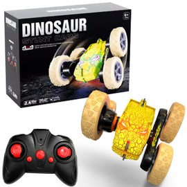 ChargeDaddy Dino Stunt Car with Crackle LED Lights - Rechargeable Remote Control Car with 360-Degree Flips, Wireless Control and Double-Sided Driving, Great Gift for Boys and Girls, Yellow