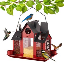 Solar Bird Feeders for Outdoors,Bird House Feeder,Hanging Metal Mesh Wild Window Large Finch Cardinal Nest Houses Garden Decoration Squirrel Proof (RED)