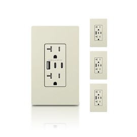 TOPELER 3 Ports USB Outlet, 30W 6.0A USB Wall Sockets, Duplex 20 Amp Tamper-Resistant Electric Outlet with Type A & C Port, Screwless Wall Plate Included, ETL Listed, Light Almond, 4 Pack