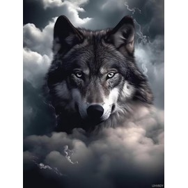 LIHVBDY 5D Black and White Wolf Diamond Art Painting Kits for Adults, The Wolf in Clouds with Lightning Diamond Dots Paintings for Beginners Home Wall Decor Gifts 12x16in / 30x40cm
