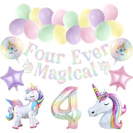 Glamoncha Four Ever Magical Unicorn Party Balloon Pack Holographic Four Ever Magical Banner for Pastel Unicorn 4th Birthday Party Decorations