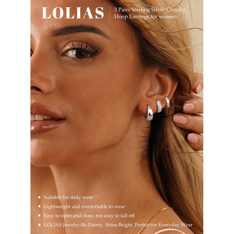 LOLIAS 3 Pairs Sterling Silver Hoop Earrings for Women Hypoallergenic