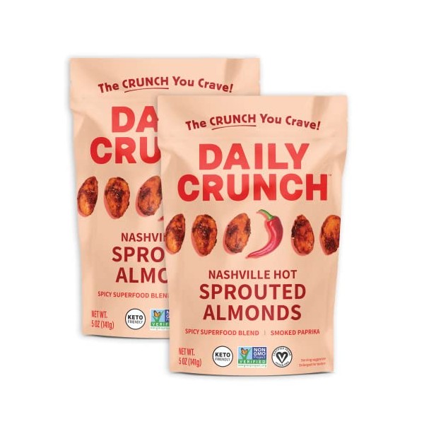 Daily Crunch Sprouted Almonds, Nashville Hot, 5 Ounce Resealable Bags,
