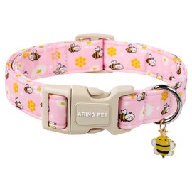 ARING PET Summer Dog Collar-Cute Pink Bees Dog Collars, Adjustable Bees&Daisy Print Pet Collars Puppy Collar with Quick Release Buckle