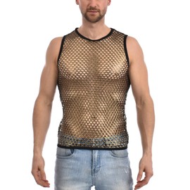 Gary Majdell Sport Men's See Through Spandex Fish Net Fitted Muscle Tank Top for Club, Beach, or Gym Wear (Liquid Gold, Medium)