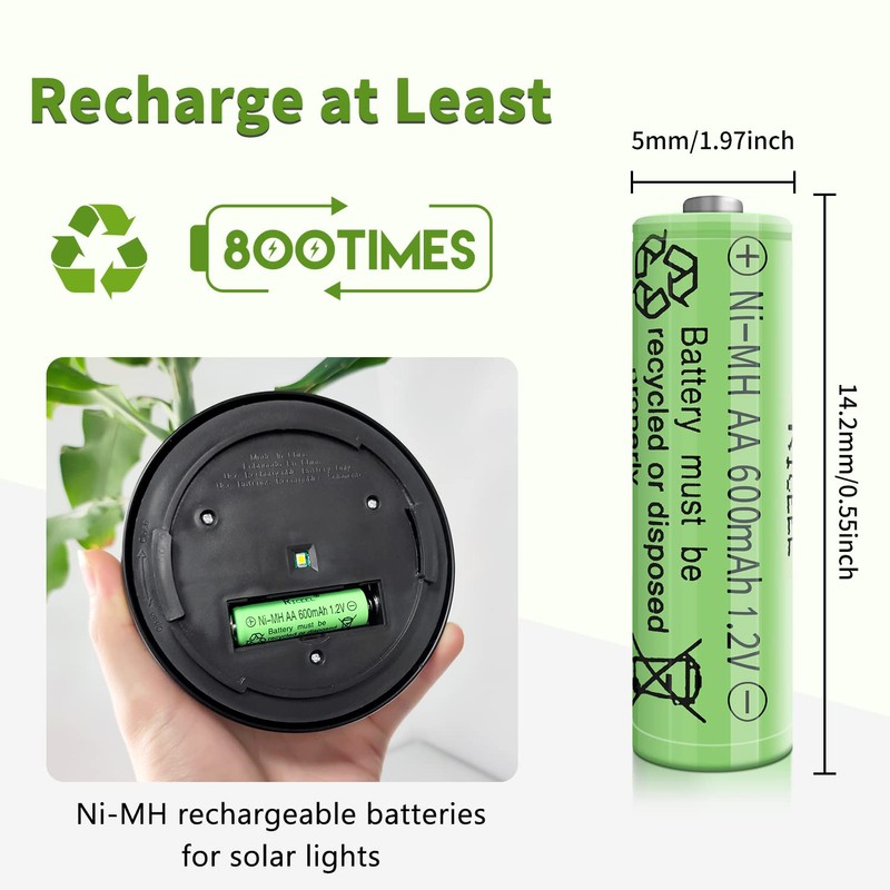 RICEEL Rechargeable AA Batteries for Solar Lights NIMH 600mAh 1.2V