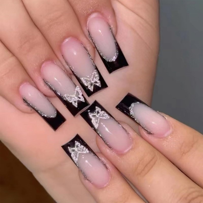 Uñas postizas de punta francesa negra a presión, uñas postizas