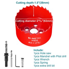 2-1/2 Inch / 63mm Hole Saw for Wood, Plastic Board, Ceiling,Drywall, PVC Boards, Fiberglas and Metal Sheet - HSS Bi-Metal Hole Cutter with Pilot Drill Bit