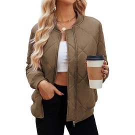 WEACZZY Diamond Quilted Jackets for Women Lightweight Long Sleeve Zip Up Puffer Jacket Fall Fashion 2024 Winter Outerwear with Pockets Brown S