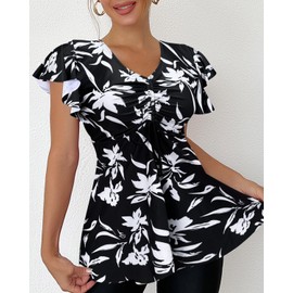 Fanuerg Women's Flowy Tankini Top Only Ruffle Sleeve Swim Bathing Suit Tops Modest Drawstring Swimsuit Top No Bottom Black White Floral S