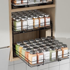 BOIVSHI 2-Tier Pull Out Spice Rack, Spice Rack Organizer, Pull Out Spice Racks for Inside Cabinets, Height Adjustable Heavy Duty Metal Basket for Inside Cabinet & Pantry (13.5''Wx10.5''Dx9.5''H)