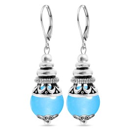 HQFJW Natural 10mm Blue Aquamarine Quartz Stone Bead Drop Earrings,Retro Silver Round Ball Real Crystal Gemstone Boho Bohemian Dangle Earrings Beading Jewelry for Women (A04_Blue Aquamarine)