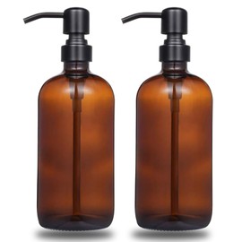 Gbuxska Amber Glass Soap Dispenser, 16oz Hand Soap Dispenser for Bathroom/Kitchen Countertop, 2 Pack