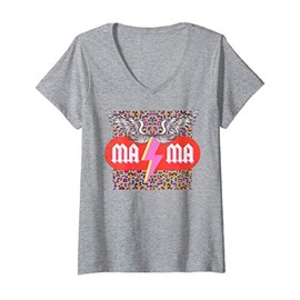 Womens MaMa Lightning-Bolt Wings Leopard-Print Vintage Distressed V-Neck T-Shirt
