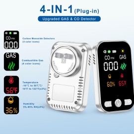 2 Pack Carbon Monoxide Detectors & Natural Gas Alarm Plug in,4-in-1 CO Detector & Combustible Gas Sensor with Battery Backup,Temperature & Humidity Display,Ideal for Home Travel