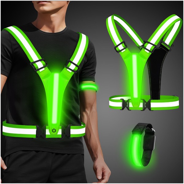 Uwqaqx LED Reflective Running Vest with Wristband, Tpye-C Rechargeable Light