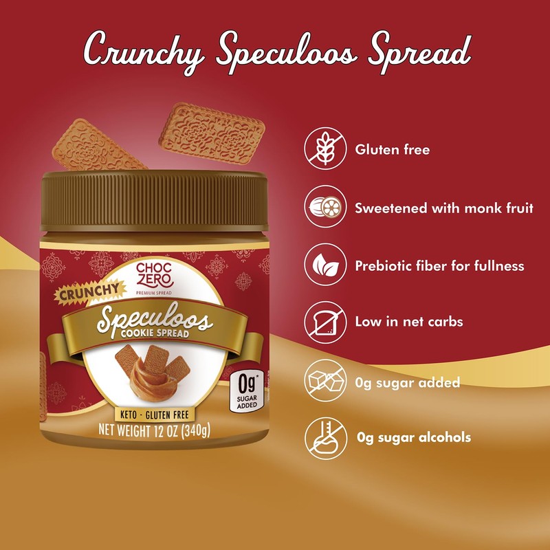 ChocZero Speculoos Cookie Butter Spread, Crunchy, No Added Sugar, Low