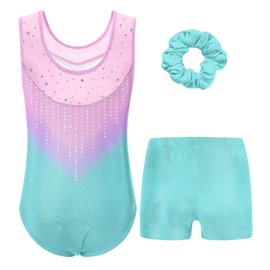 TUONROAD Girls Gymnastics Leotard Size 10 Big Girl's Purple Blue Shiny Athlectic Outfits with Hair Scrunchie for Age 9 Girls' Tie Dye Drift Gymnastics Biketards with Short