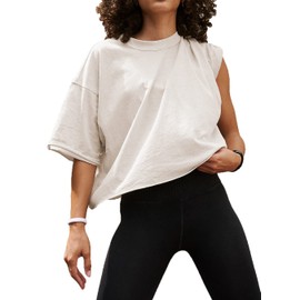 Active Drop Shoulder Round Neck Y2K Crop Tops Baggy Women Half Sleeve Cropped T Shirts for Women Casual Summer Yoga Tops Solid Color Basic Tees Ribbed Trendy Stretch Running Women Shirts Ivory L
