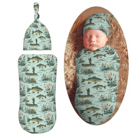 Muishi Fisher and Bass Fishes Newborn Swaddle Blankets Hat Sets Soft Baby Receiving Blanket Swaddle Sack for Baby Shower Infant Boy Girl Gift