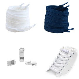 LuckyOpt No-tie Shoe Laces, 2 Pairs Elastic Shoelaces with Metal Quick Release Clasp for Adults, 100CM Adjustable Elastic Laces for Trainers, Casual Shoes, Prevent Tripping (White + Navy blue)