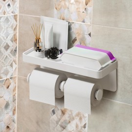 Wall-Mounted Toilet Paper Holder with Shelf, Double Roll Toilet Paper Holder, Self-Adhesive & Screw Installation, Quality Metal Construction, White Finish, 260mm Shelf for Bathroom Storage