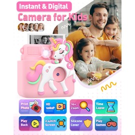Kids Camera Instant Print with Silicone Cover, Creative Gifts for Girls Age 4-12 Birthday Christmas, 1080P Digital Camera Toy with 32GB SD Card - Pink