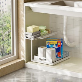 JAQ Under Kitchen Sink Organizer, 2 Tier Metal Slide Out Under Cabinet Storage Shelves Rack for Kitchen Bathroom Pantry Lanudry, Smile Look (White, 1 Pack)