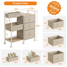 Modanais Baby Organizer and Storage - 3 Tier Rolling Cart with Dividers and Drawers, Easy to Assemble, Mobile Utility Cart with Wheels for Nursery, Bedroom, Changing Table & Crib,Off White