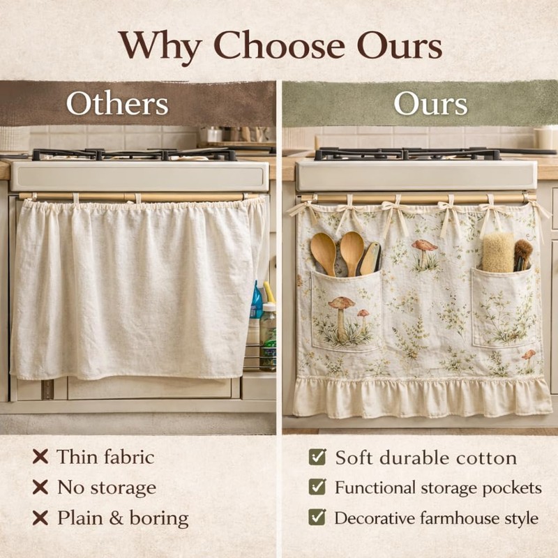 Bivpreom Oven Skirt with Pockets，Handmade Oven Curtain，Farmhouse Kitchen Decor Curtain