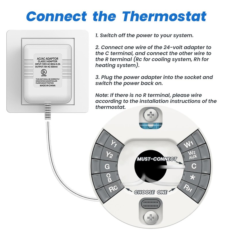 UL Certified Thermostat C Wire 24V Transformer, White Adapter Compatible