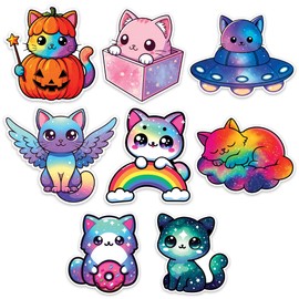 Color Cat Sticker 8 Pcs (Large Size) Vinyl Stickers Laptop Waterproof Decal for Car Bumper Water Bottle Notebook Luggage Window Funny Party Birthday Decorations - Size 4 Inches