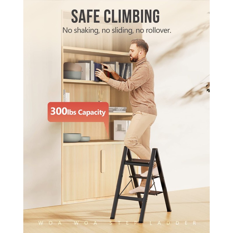 WOA WOA 3 Step Ladder, Foldable Step Stool, Lightweight Ladder