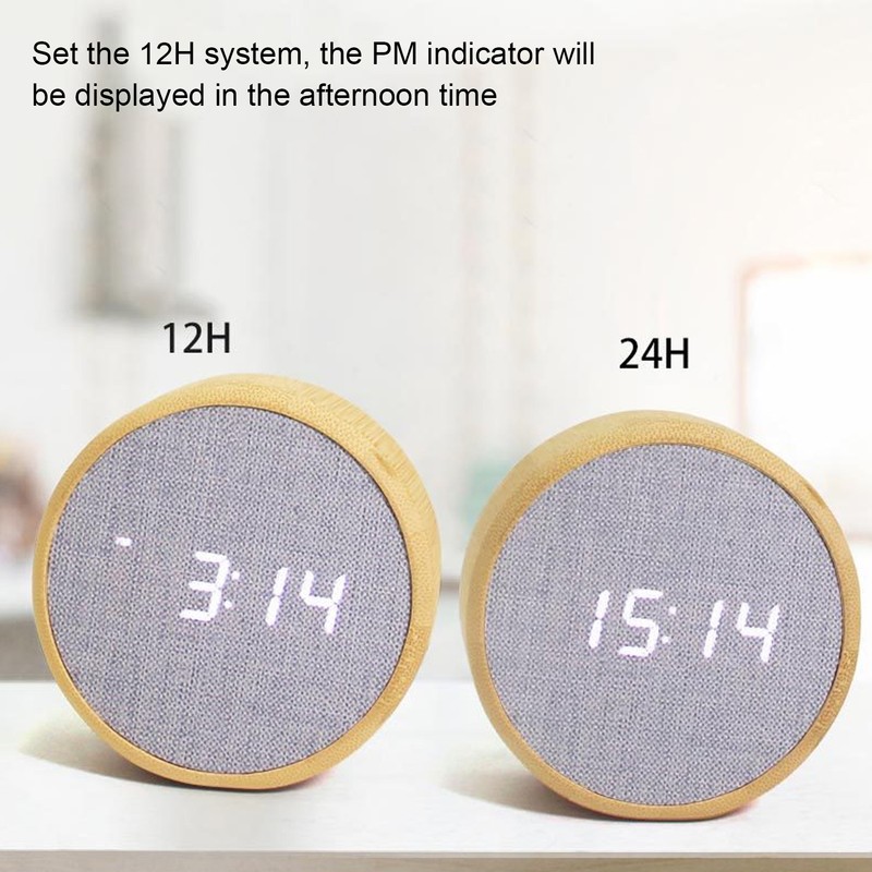 Digital Alarm Clock Round LED Voice Control Brightness Adjustable 12h