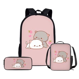 Uourmeti Strawberry Cat Kawaii School Bag Backpack Bookbag and Lunch Box Set with Pencil Case for Girls Teens Kids Schoolbag Elementary Middle School Back Pack for Women Daypack Coin Purse Pink