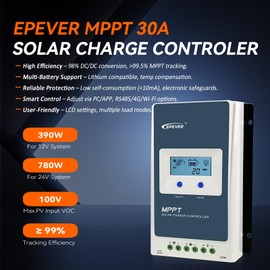 EPEVER MPPT 30A Solar Charge Controller 12V 24V Auto, 30A Solar Controller Max 100V Input Negative Grounded Solar Reulator fit for Lead-Acid and Lithium Batteries and Support Batterless Run