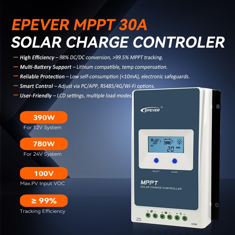 EPEVER MPPT 30A Solar Charge Controller 12V 24V Auto, 30A