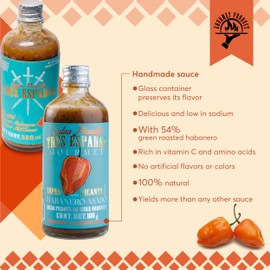 Tres Espadas | 3 Pack of Habanero Hot Sauce | Habanero Pepper | Mexican Gourmet Recipe | Hot Sauce Bottles 3.5 fl oz each | Orange Habanero Pepper Flavor