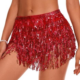 Belly Dance Hip Scarf Sequin Tassel Skirt Dance Wrap Skirts Sparkly Fringe Rave Outfits for Women Red