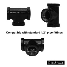 GeilSpace Tee, Malleable Iron Pipe Fittings - Vintage DIY Industrial Shelving, Industrial Decor, Furniture DIY (1/2", Black)