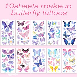 HOWAF Glitter Butterfly Temporary Tattoos, Waterproof Fairy Flowers Face Tattoo Stickers for Face Eye Body, Glitter Butterflies Body Art Fake Tattoo for Gilr Women Birthday Party Favors Makeup,10 Sheets